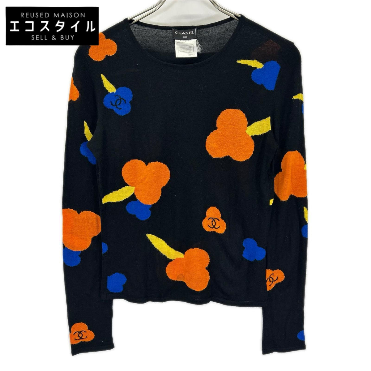 CHANEL シャネル 00T P15476V00749 ブラック×総柄 長袖ニットトップ 薄手セーター トップス