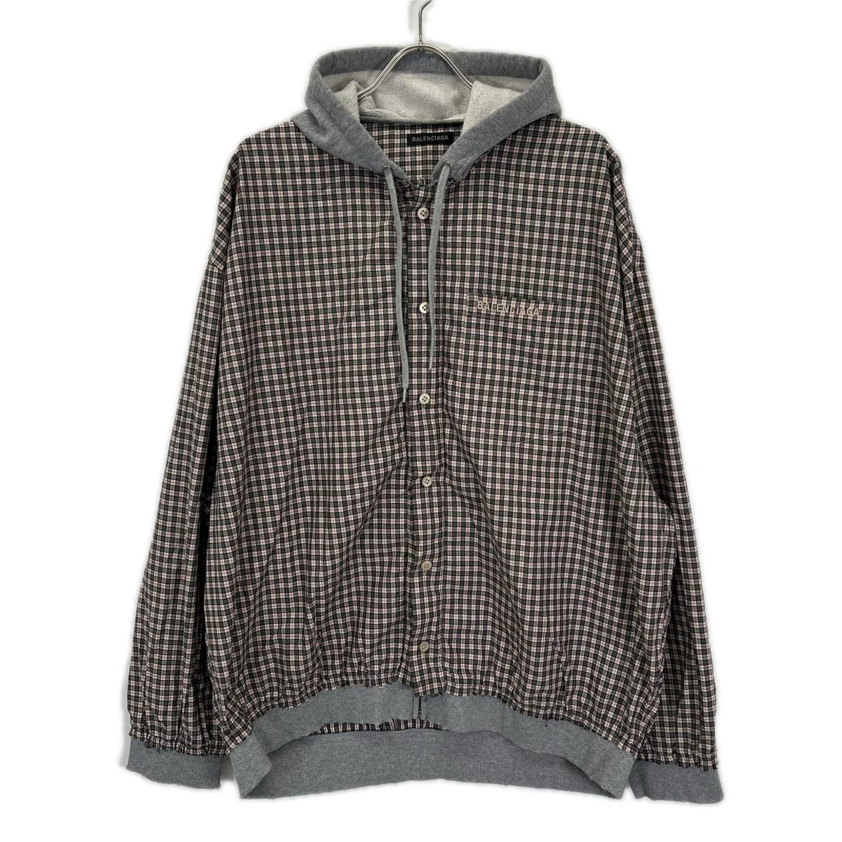 BALENCIAGA バレンシアガ 831570 グレー×チェック柄 レイヤード ジップアップフーディーパーカー トップス