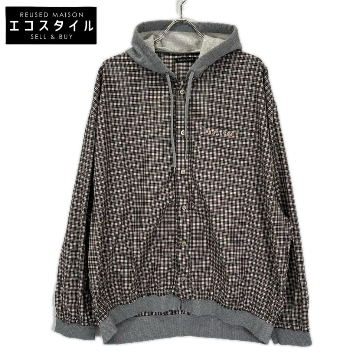 BALENCIAGA バレンシアガ 831570 グレー×チェック柄 レイヤード ジップアップフーディーパーカー トップス