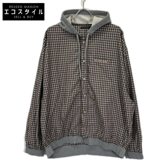 BALENCIAGA バレンシアガ 831570 グレー×チェック柄 レイヤード ジップアップフーディーパーカー トップス