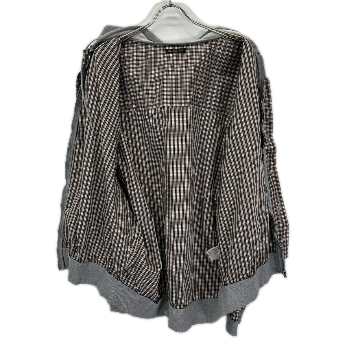 BALENCIAGA バレンシアガ 831570 グレー×チェック柄 レイヤード ジップアップフーディーパーカー トップス