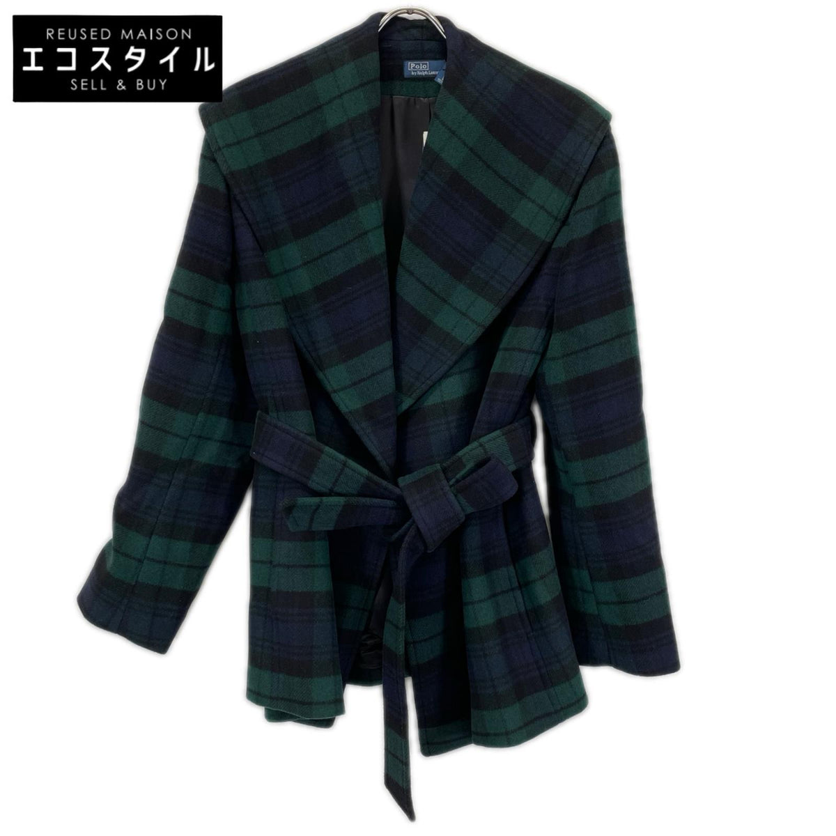 POLObyRalphLauren ポロラルフローレン ネイビー×グリーン　プラッド ウールブレンド ツイル ラップ コート コート