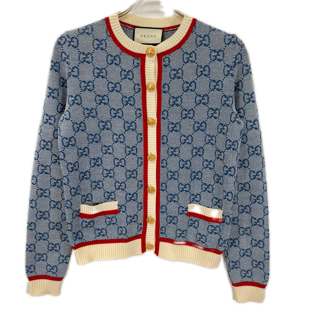 GUCCI グッチ 574162 ブルー GG ロゴ ニット ストライプ トリム ウール カーディガン トップス
