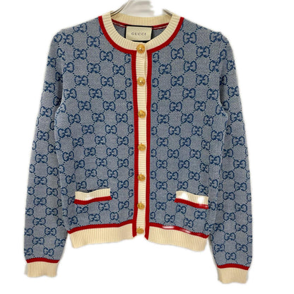 GUCCI グッチ 574162 ブルー GG ロゴ ニット ストライプ トリム ウール カーディガン トップス