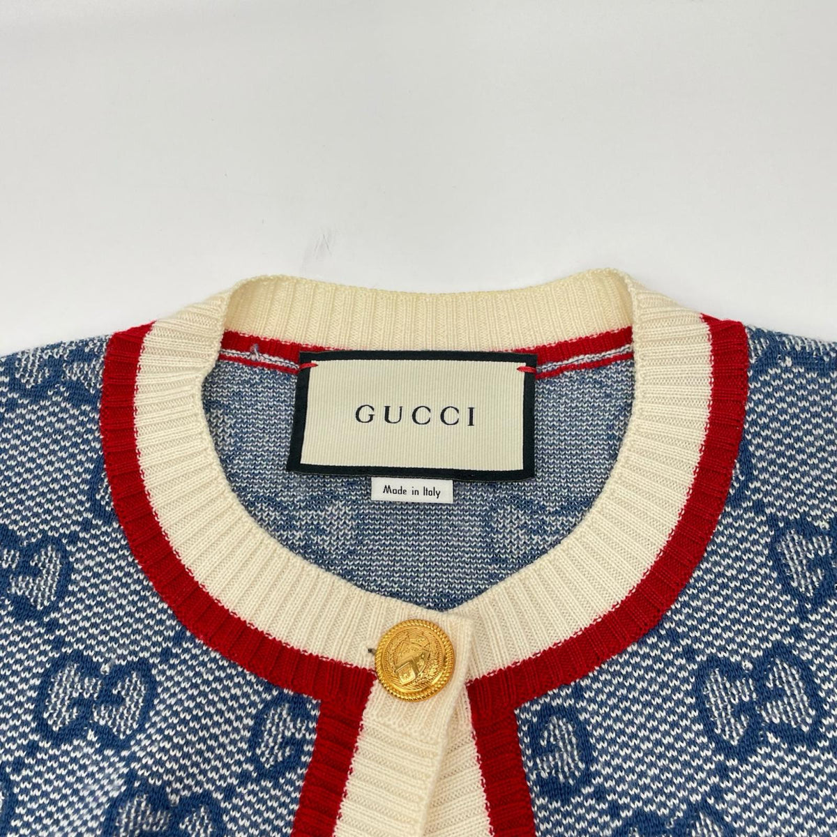 GUCCI グッチ 574162 ブルー GG ロゴ ニット ストライプ トリム ウール カーディガン トップス