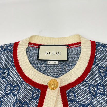 GUCCI グッチ 574162 ブルー GG ロゴ ニット ストライプ トリム ウール カーディガン トップス