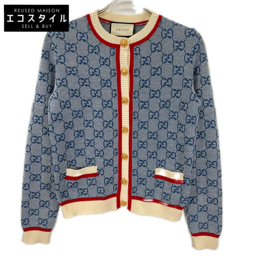 GUCCI グッチ 574162 ブルー GG ロゴ ニット ストライプ トリム ウール カーディガン トップス