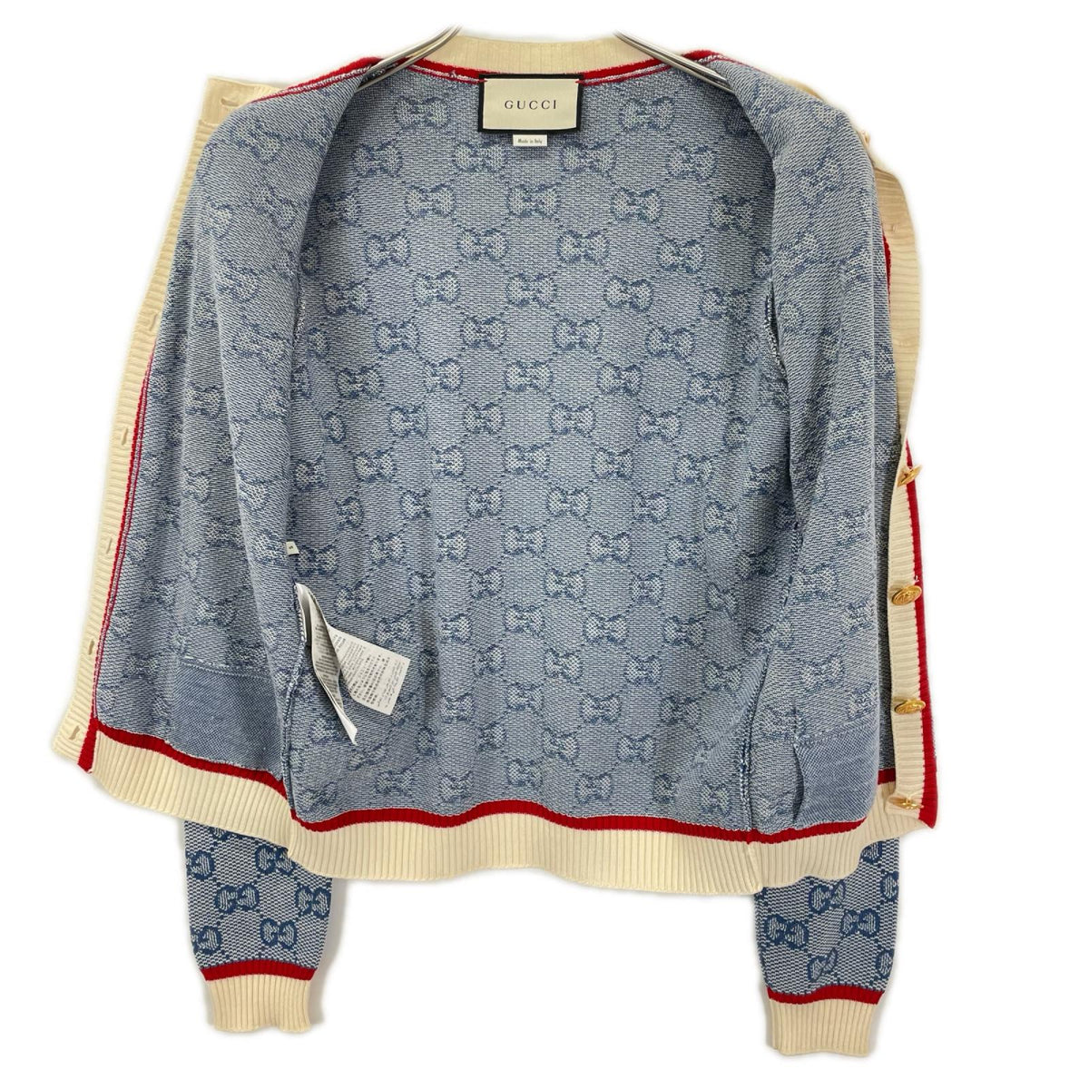 GUCCI グッチ 574162 ブルー GG ロゴ ニット ストライプ トリム ウール カーディガン トップス