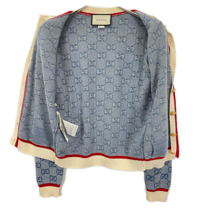 GUCCI グッチ 574162 ブルー GG ロゴ ニット ストライプ トリム ウール カーディガン トップス