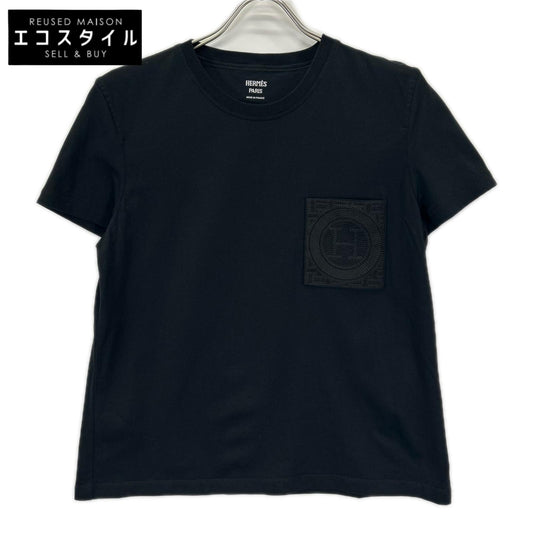 HERMES エルメス 6E4615DA ブラック H刺繍 コットン Tシャツ トップス