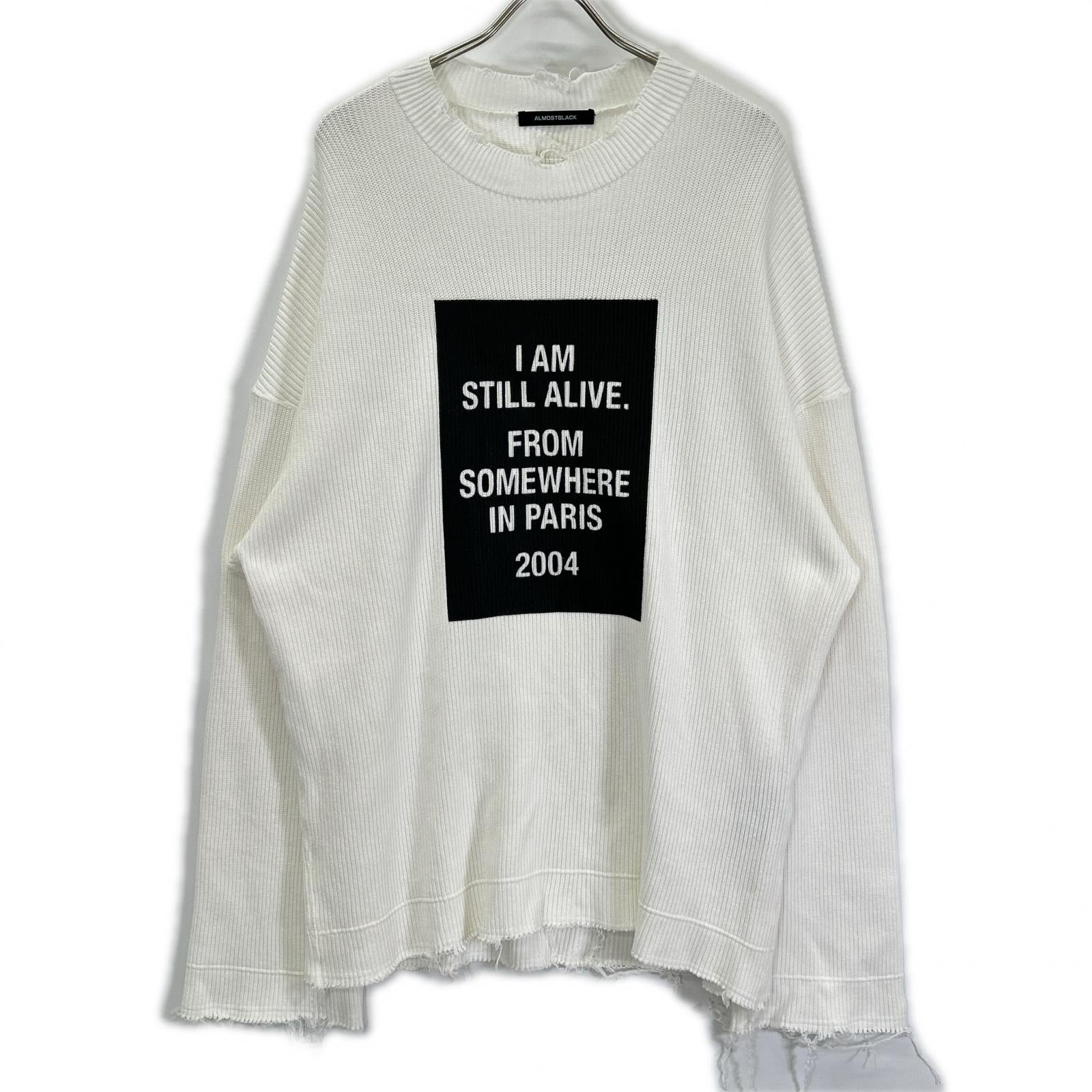ALMOSTBLACK White 21SS-KT01 Distressed Big-Rib Knit Top