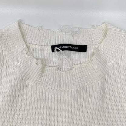 ALMOSTBLACK White 21SS-KT01 Distressed Big-Rib Knit Top