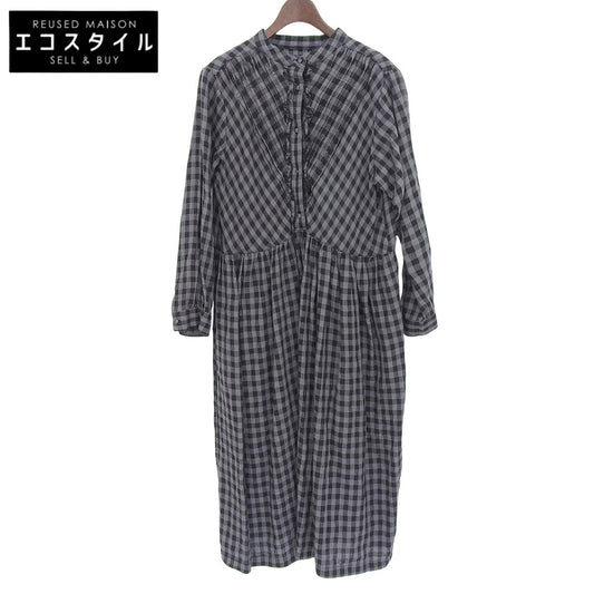 Excellent Condition Band Collar Pintuck Frill Dress for Women Grey x Black F ub-0134 Grey/Black Dress F Women
