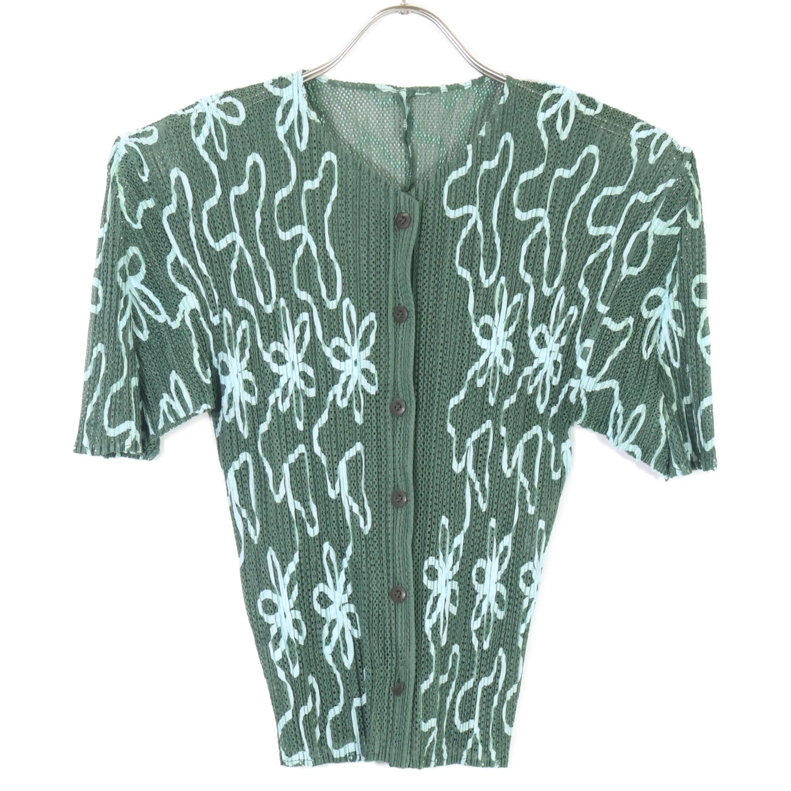 PLEATS PLEASE 三宅一生褶皱 10年款 绿色花卉印花 短袖开衫 上衣