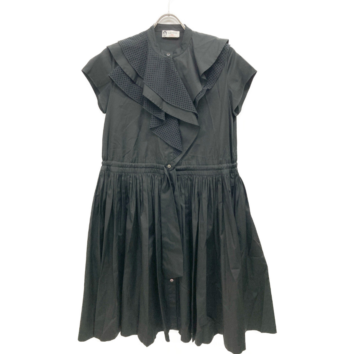 LANVIN Black Poplin Ruffle Midi Dress Sleeveless Dress