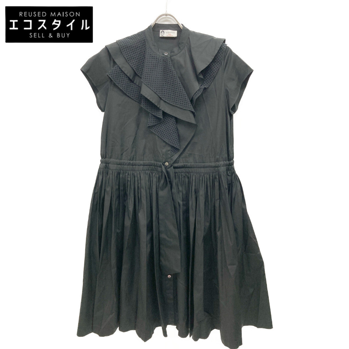 LANVIN Black Poplin Ruffle Midi Dress Sleeveless Dress