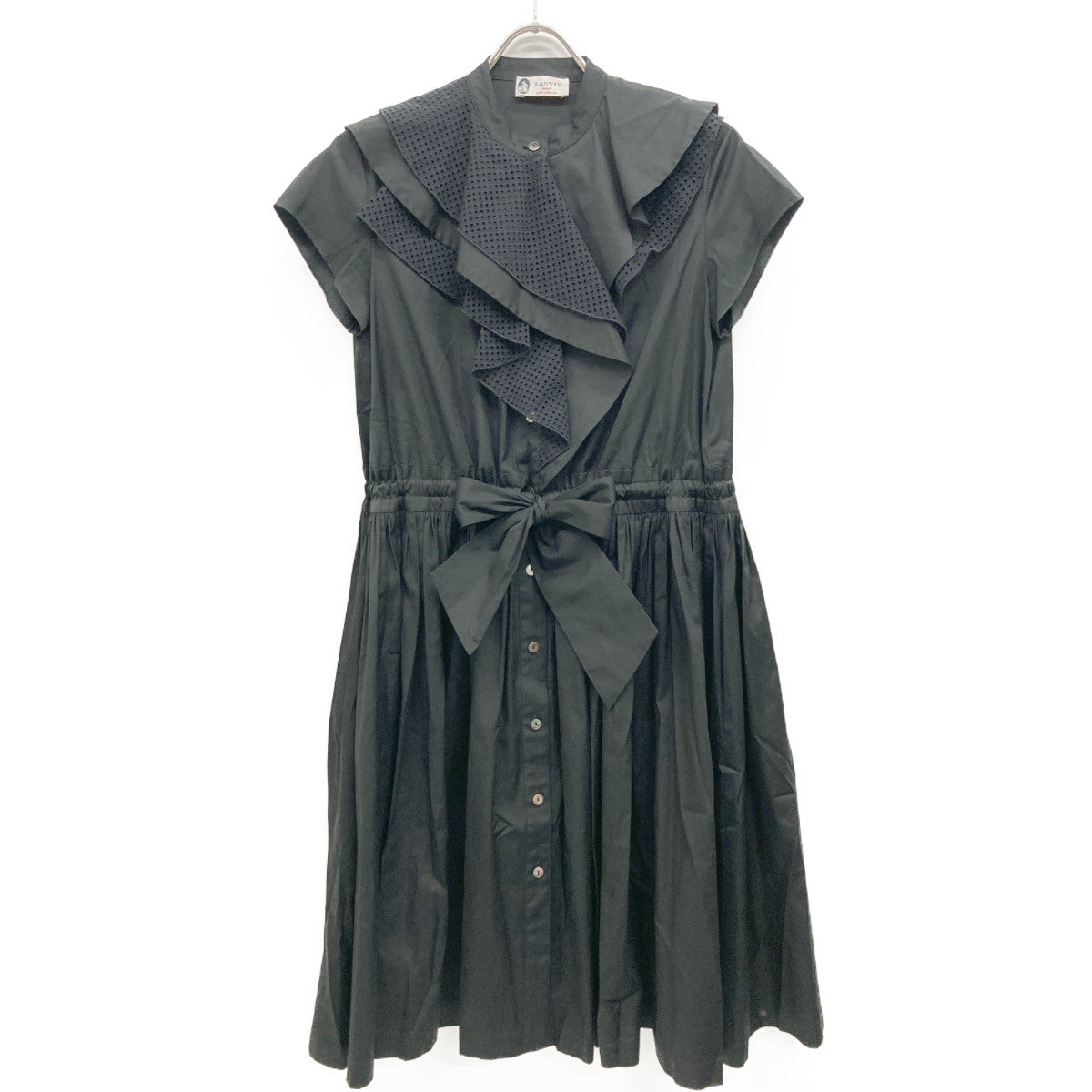 LANVIN Black Poplin Ruffle Midi Dress Sleeveless Dress