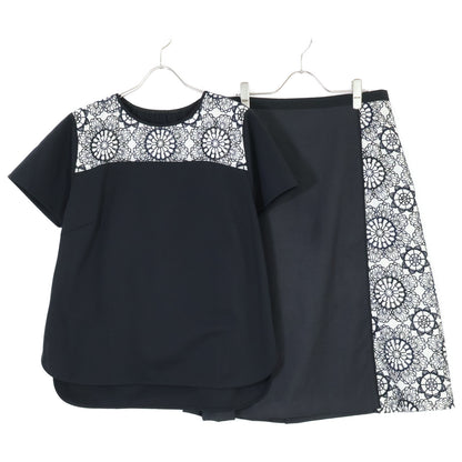 TRANS WORK Black Floral Embroidery Short Sleeve T-Shirt x Skirt Suit Set Up 46 Ladies