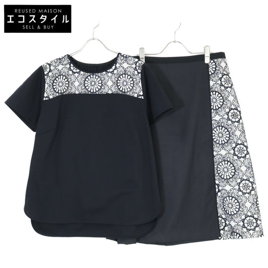 TRANS WORK Black Floral Embroidery Short Sleeve T-Shirt x Skirt Suit Set Up 46 Ladies