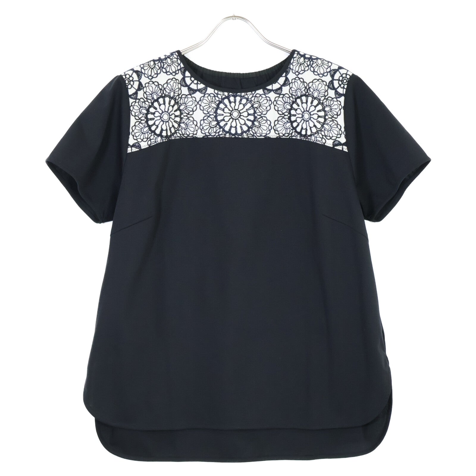 TRANS WORK Black Floral Embroidery Short Sleeve T-Shirt x Skirt Suit Set Up 46 Ladies