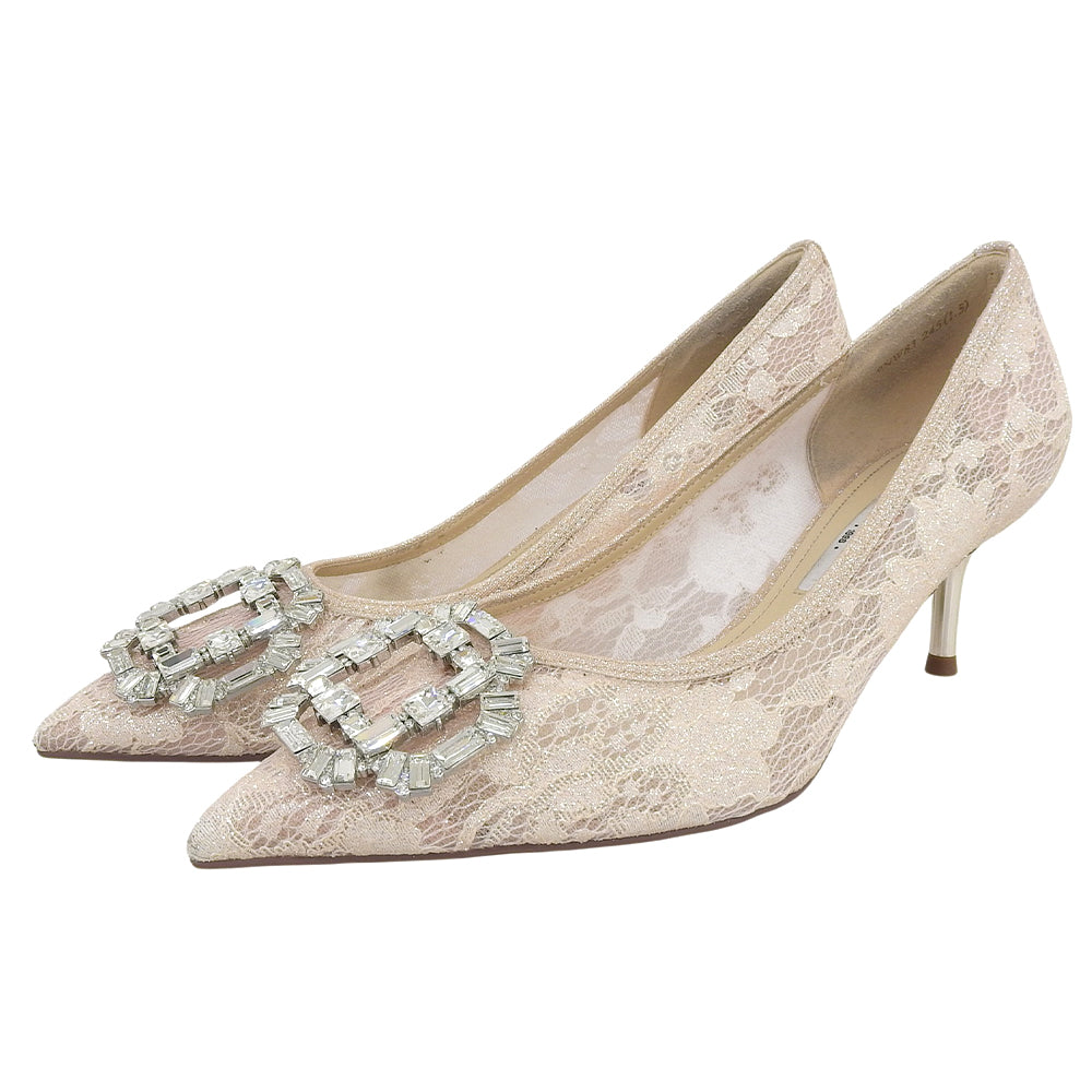 STACCATO スタッカート 美品 ポインテッド レース ビジュー ヒールパンプス レディース ピンクベージュ 24.5cm 9NW83 シューズ 24.5