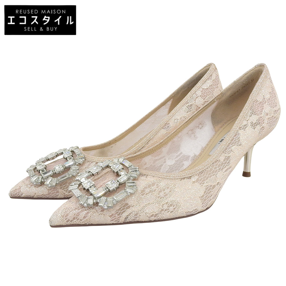 STACCATO スタッカート 美品 ポインテッド レース ビジュー ヒールパンプス レディース ピンクベージュ 24.5cm 9NW83 シューズ 24.5