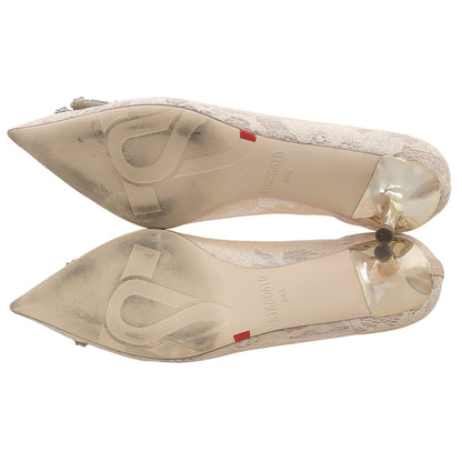 STACCATO スタッカート 美品 ポインテッド レース ビジュー ヒールパンプス レディース ピンクベージュ 24.5cm 9NW83 シューズ 24.5