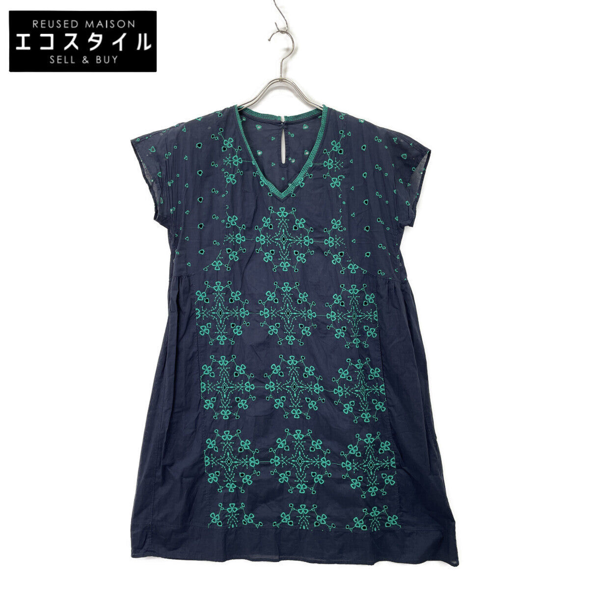 Haat HA31FT622 Navy x Green Short-Sleeved Embroidered Dress