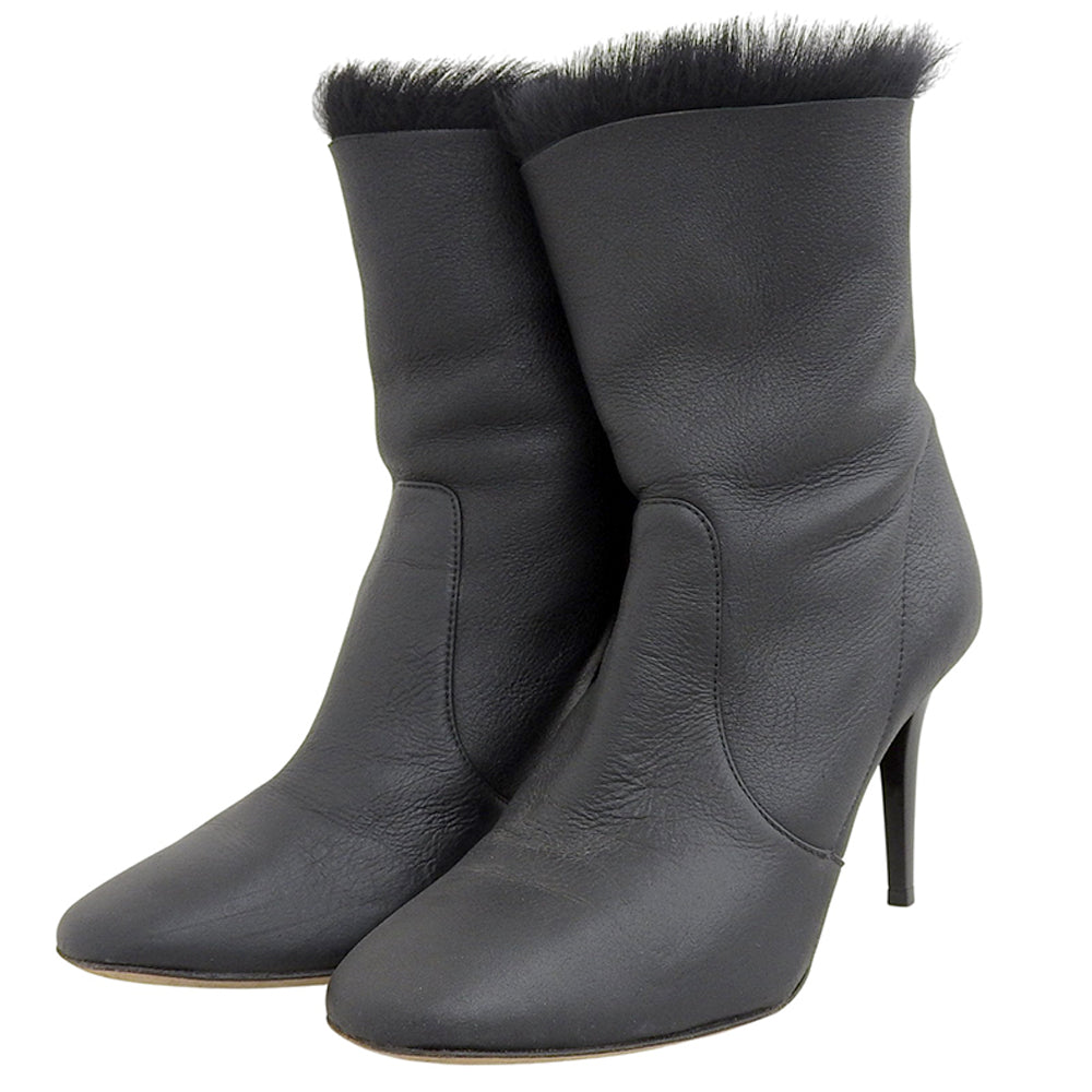 Back-zip Fur Leather Boots for Women, Black, Size 35