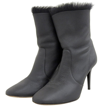 Back-zip Fur Leather Boots for Women, Black, Size 35
