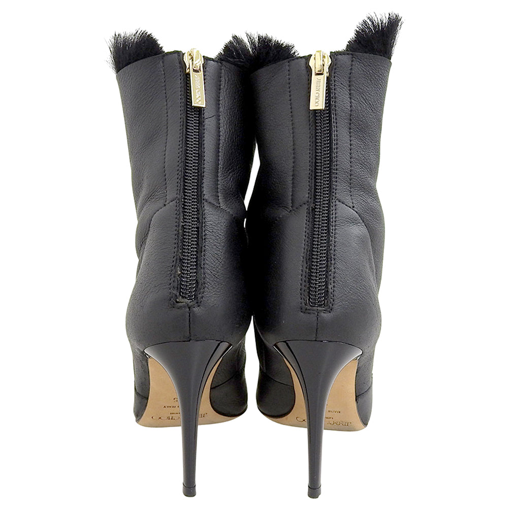Back-zip Fur Leather Boots for Women, Black, Size 35