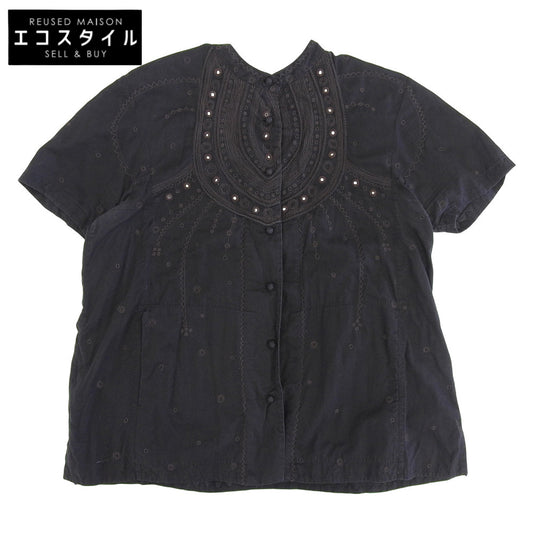 Haat Heart Cotton Short Sleeve Shirt Blouse Top Women's Black Brown Embroidery 2 HA62FJ642 Tops
