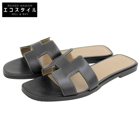 HERMES Hermes Beautiful Oran Flat Sandals Shoes Women's Black 36 1/2 Shoes