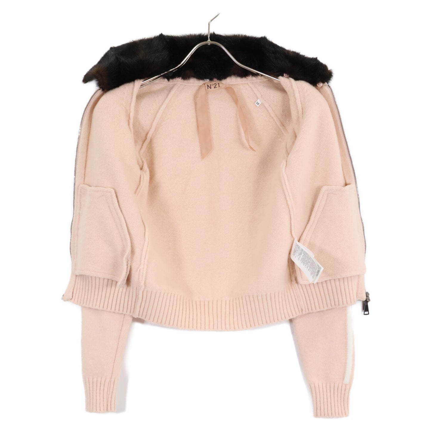 A021-9008 Zip-Up Knit Jacket with Faux Fur Collar, Size 36, Women's