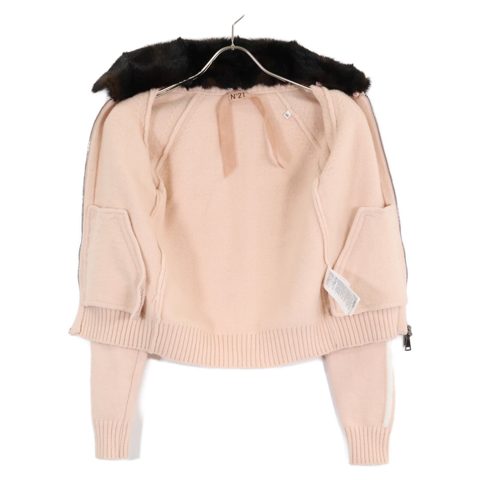 A021-9008 Zip-Up Knit Jacket with Faux Fur Collar, Size 36, Women's
