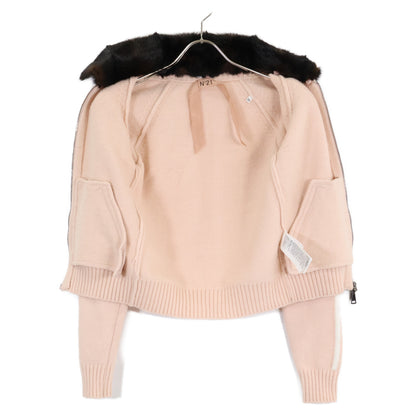 A021-9008 Zip-Up Knit Jacket with Faux Fur Collar, Size 36, Women's