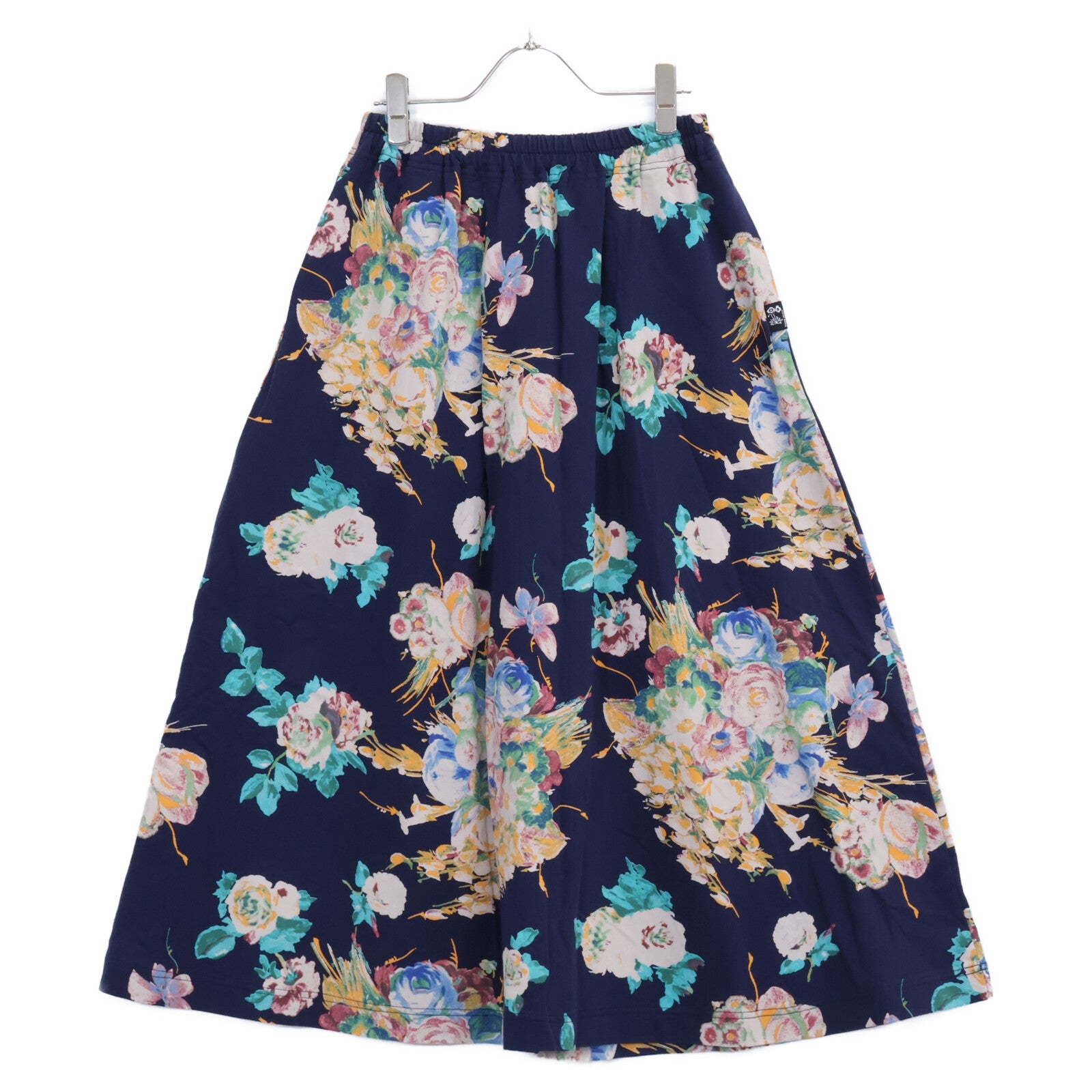 Navy Floral Pompom Print Mini Fleece Flare Long Skirt Skirt No Indication Ladies