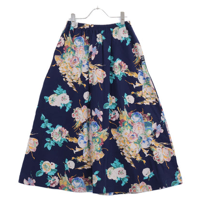 Navy Floral Pompom Print Mini Fleece Flare Long Skirt Skirt No Indication Ladies