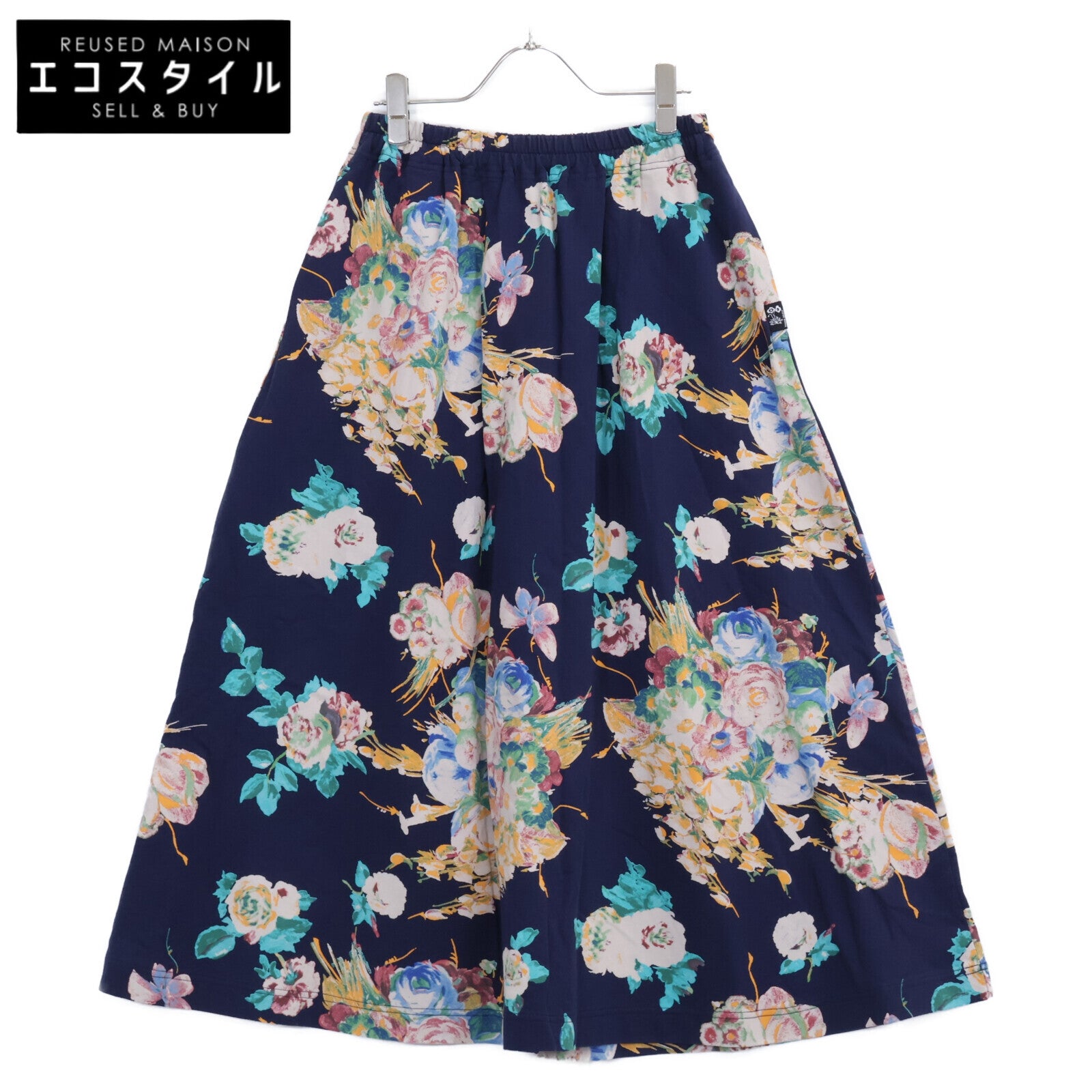 Navy Floral Pompom Print Mini Fleece Flare Long Skirt Skirt No Indication Ladies