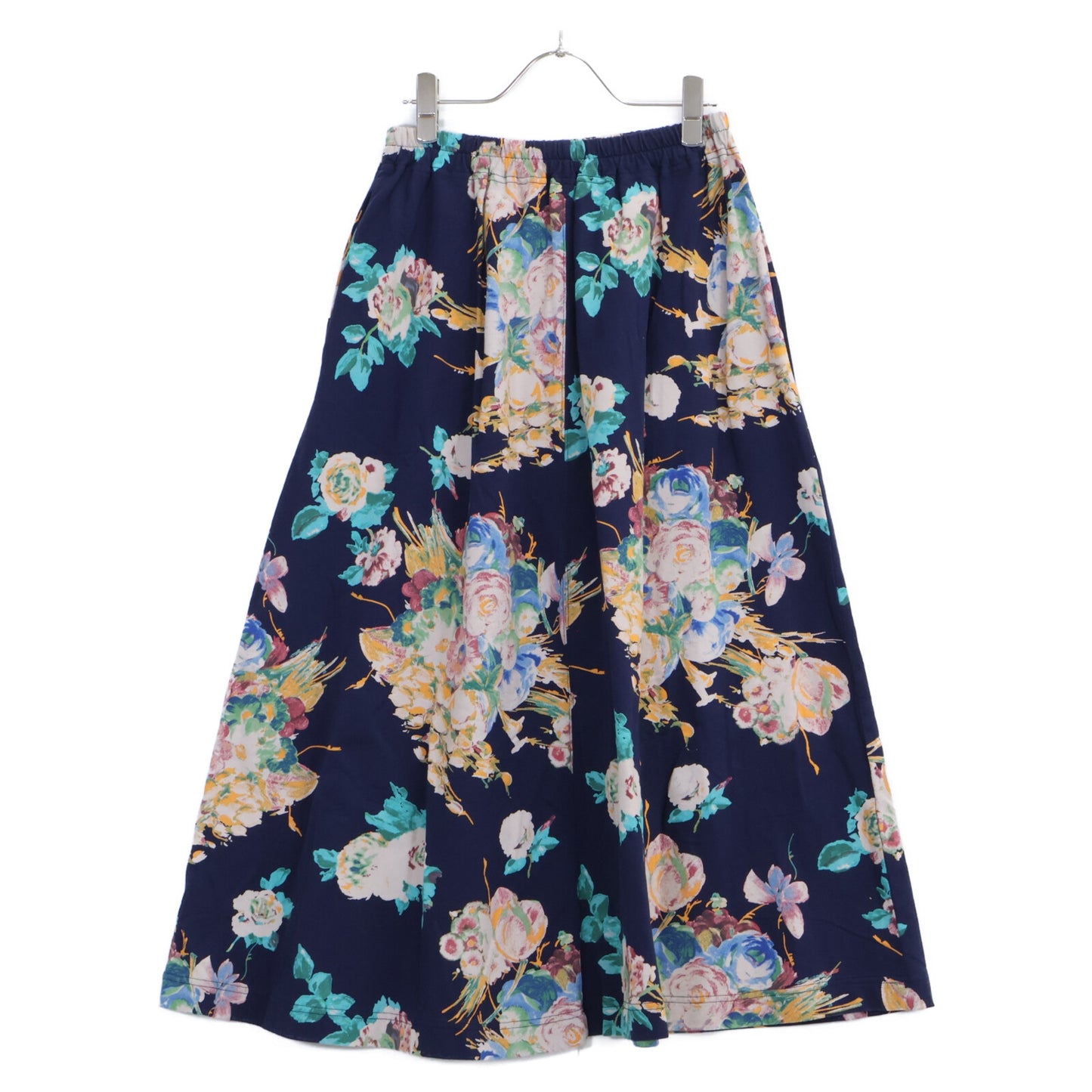 Navy Floral Pompom Print Mini Fleece Flare Long Skirt Skirt No Indication Ladies