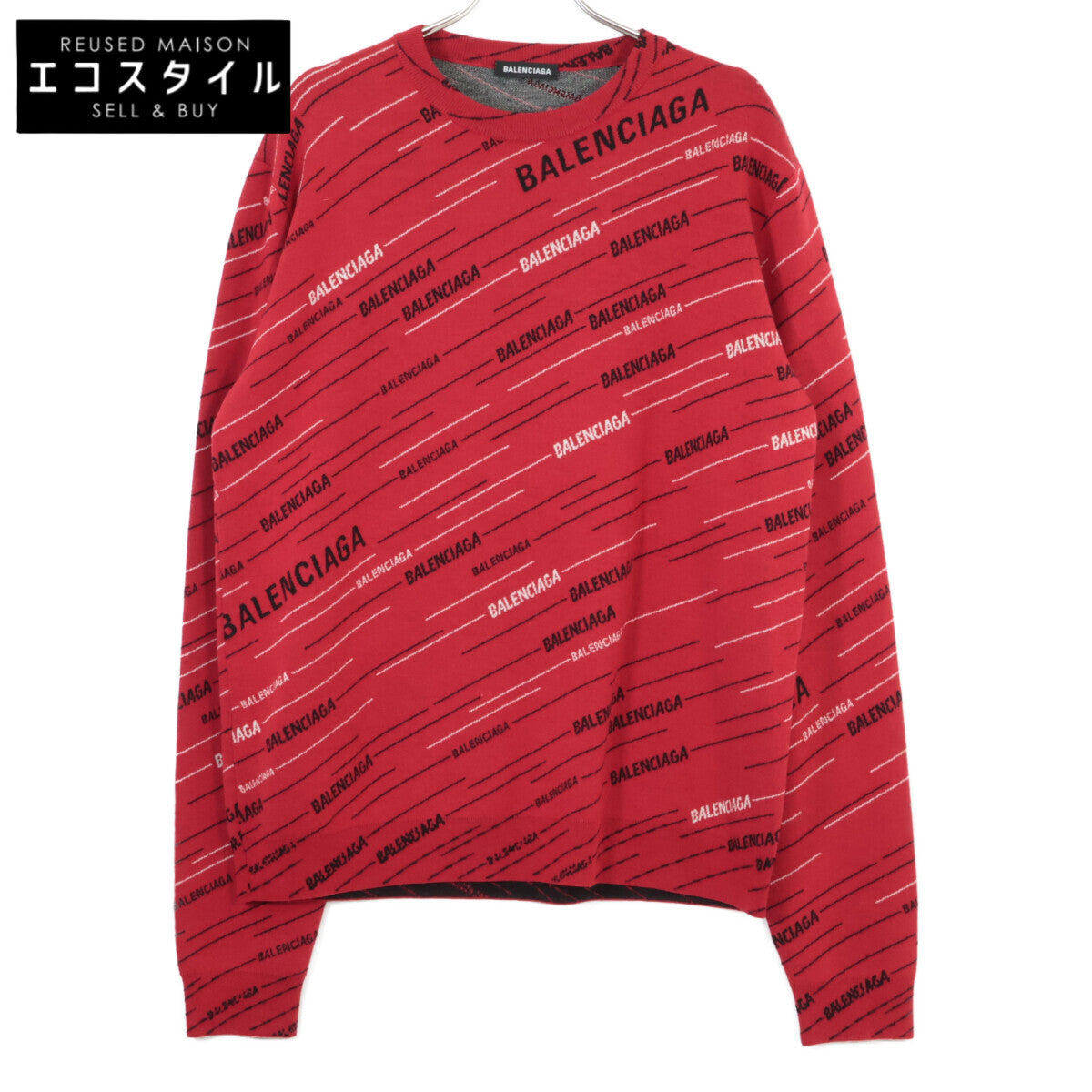 BALENCIAGA バレンシアガ 19SS 555381 レッド ジャガードロゴオーバーサイズクルーネックニット トップス