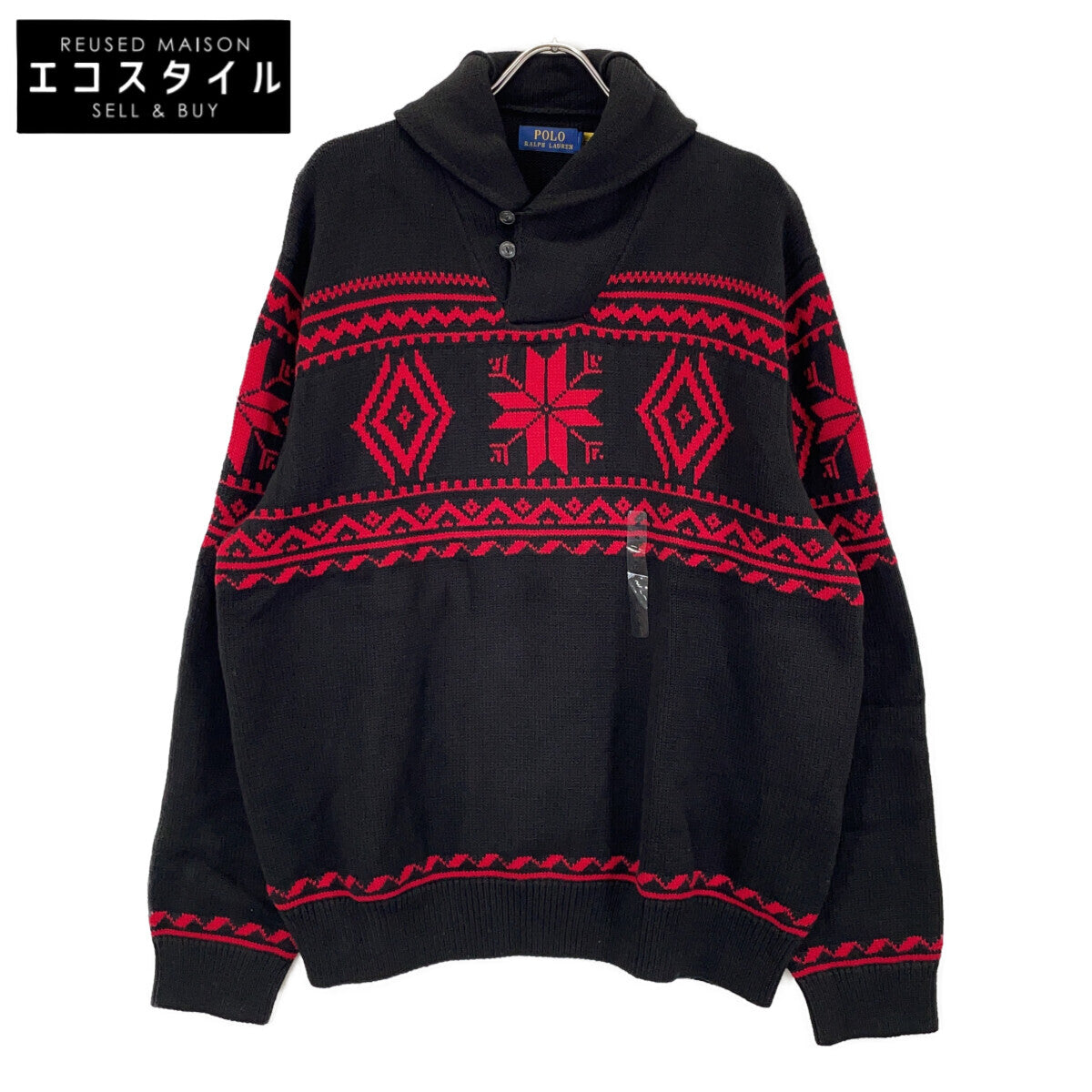 POLO RALPH LAUREN Black Red 2021 Nordic Shawl Collar Knit Top