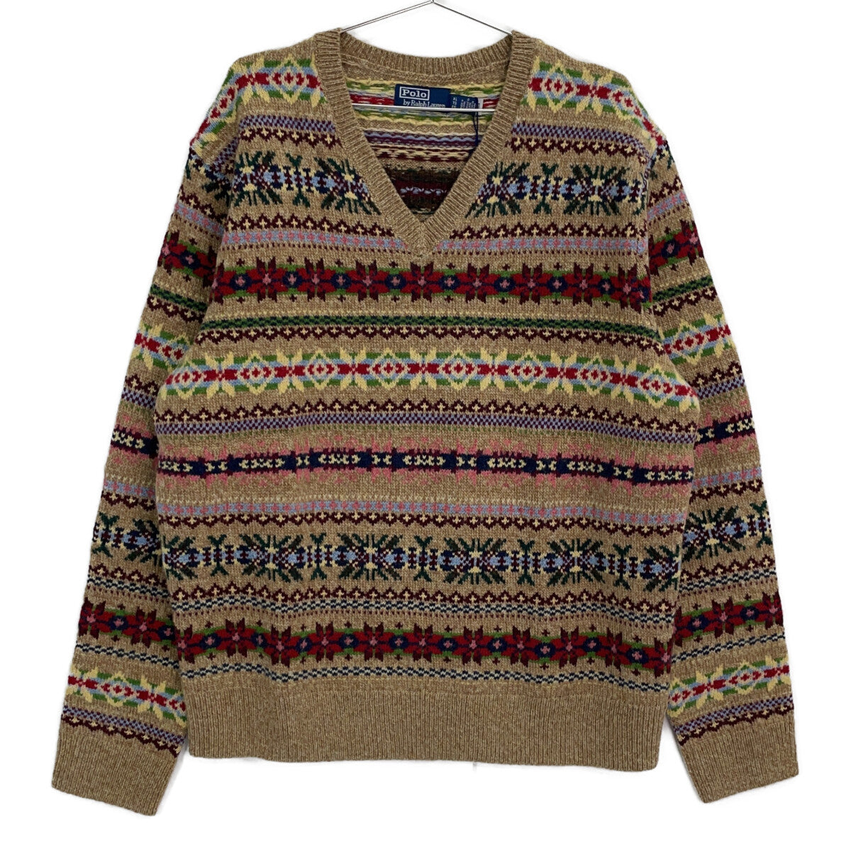 Beige Fair Isle Wool V-Neck Sweater Top XL Men's
