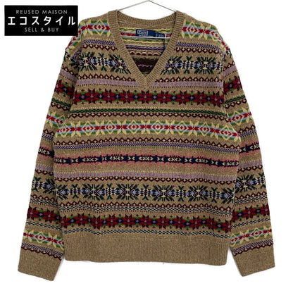 Beige Fair Isle Wool V-Neck Sweater Top XL Men's