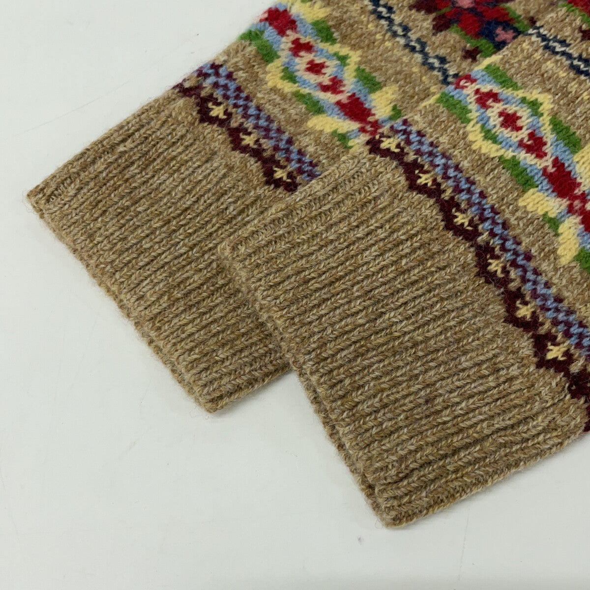 Beige Fair Isle Wool V-Neck Sweater Top XL Men's