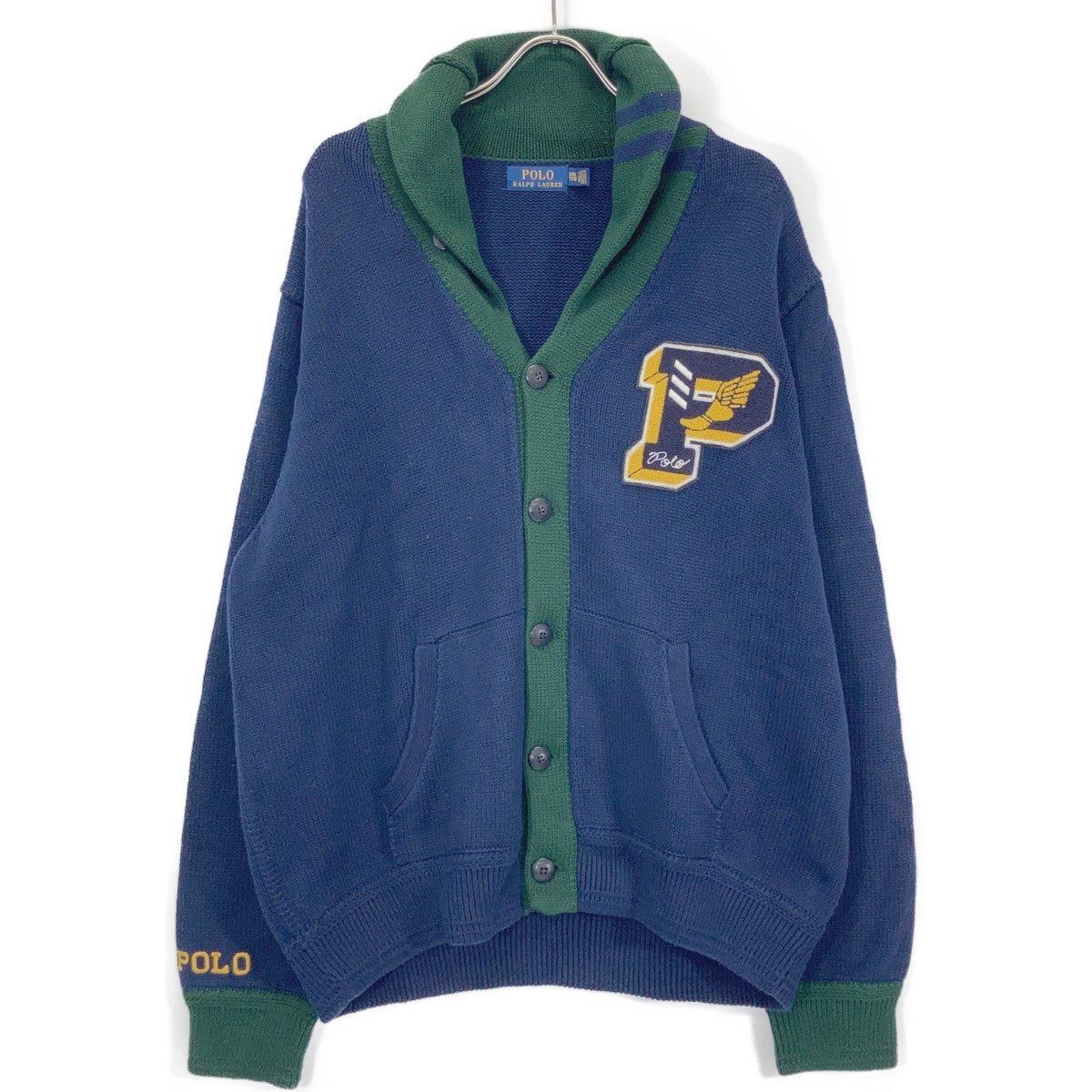 POLO RALPH LAUREN ポロ ラルフローレン ネイビー×グリーン コットン レタード ニットカーディガン トップス
