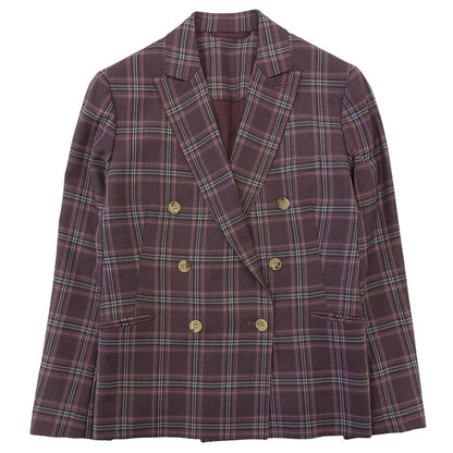 Excellent condition HOLLAND & SHERRY Tartan Check 6B Double-Breasted Jacket Women's Purple Size 40 Jacket Size 40 Women's