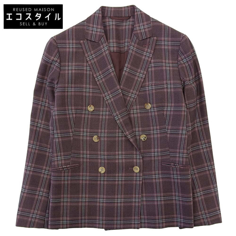 Excellent condition HOLLAND & SHERRY Tartan Check 6B Double-Breasted Jacket Women's Purple Size 40 Jacket Size 40 Women's