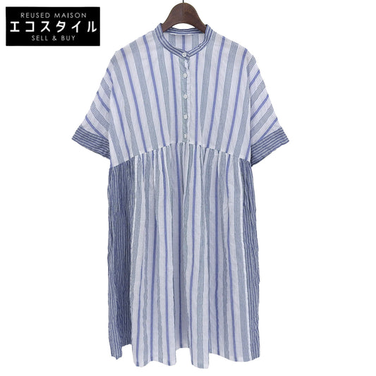 【SALE】 PITCHOUNE ピッチュン 美品 コットン シャーリング ストライプ チュニック トップス レディース ホワイト×ブルー D175AFAS704 トップス