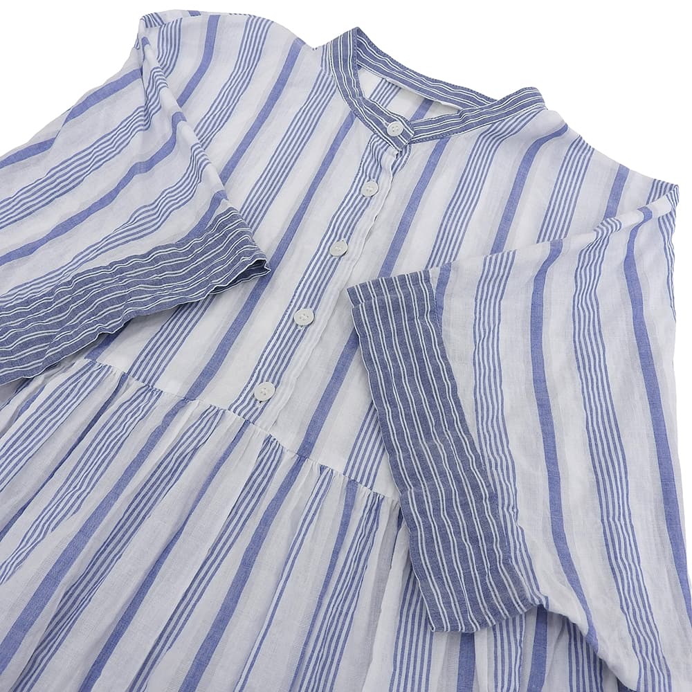 Pitchoune 美品 棉质 收褶 条纹 束腰上衣 女士 白色×蓝色 D175AFAS704 上衣